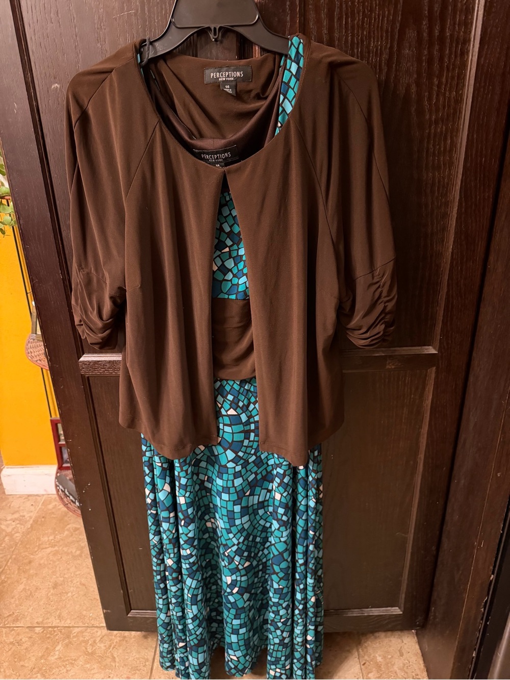 Perceptions Brown Jacket with Teal Mosaic Maxi Dress